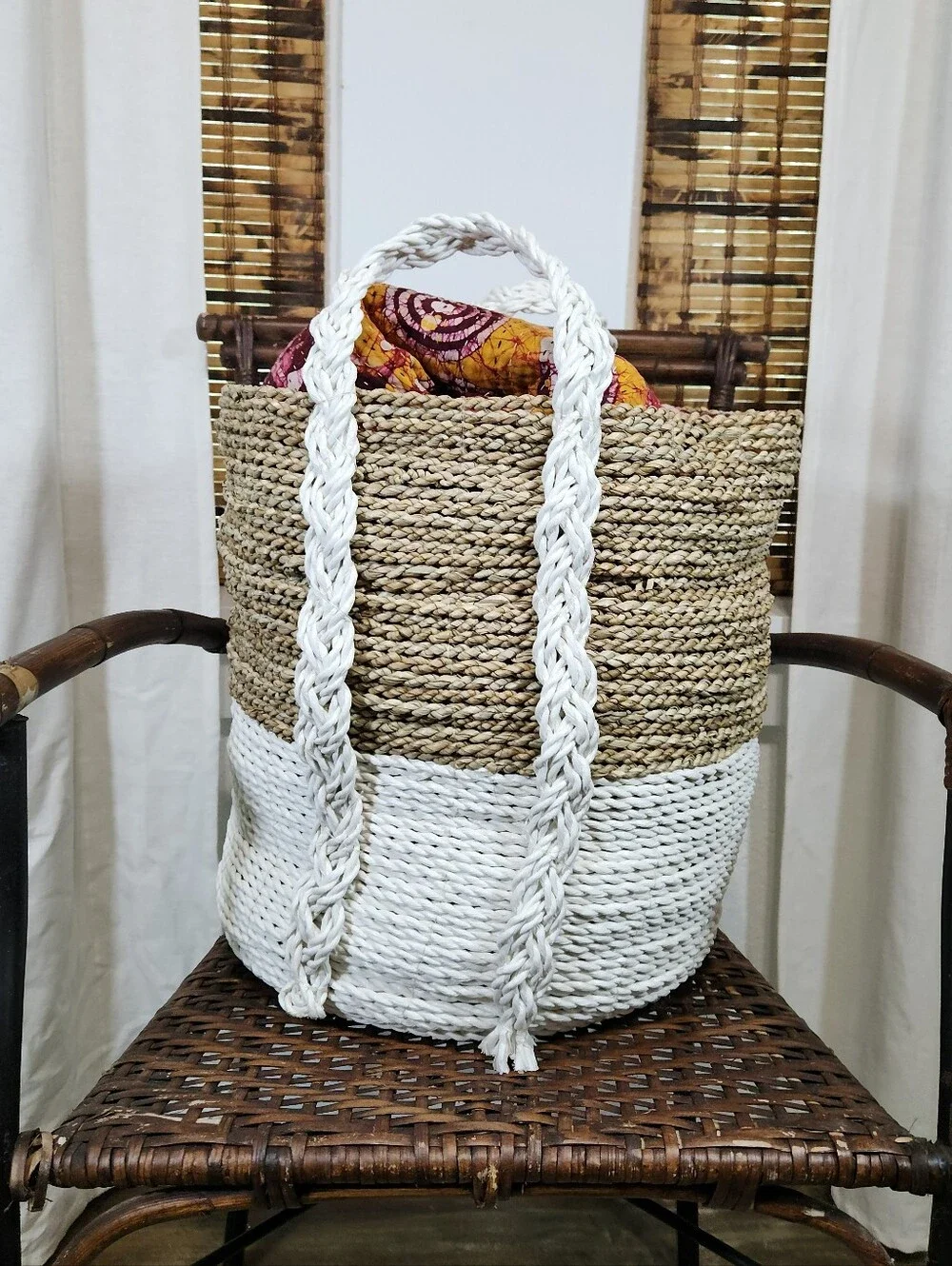 Woven Natural and White Handled Storage Basket - Home Accents